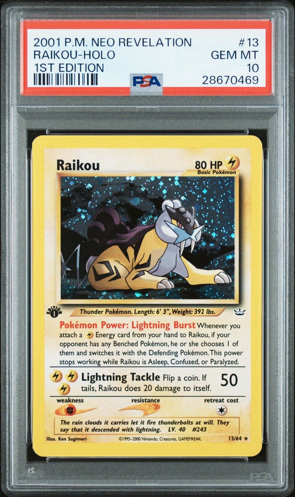 2001 Pokemon Raikou Neo Revelation 1st Edition #13 PSA 10 Gem Mint SWIRL POP- 36 – Photo 1