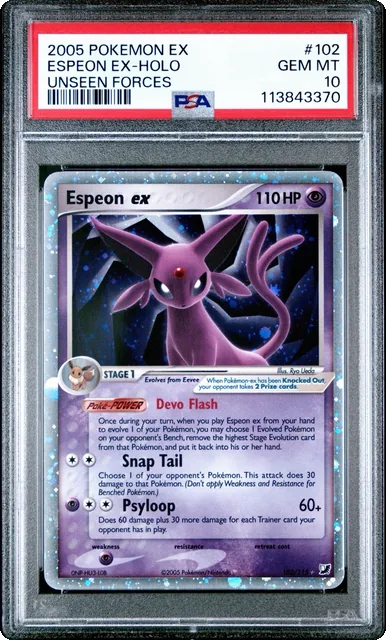 Espeon EX Holo 2005 EX Unseen Forces PSA 10  🐈‍⬛🔮  POP - 45  Pokemon